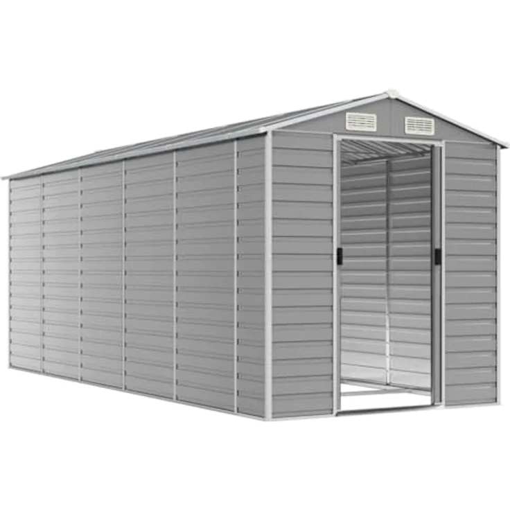 vidaXL Gerätehaus, Gartenhaus mit Schrägdach Griffe, Gartenschuppen Schuppen mit Stauraum, Geräteschuppen Metallschuppen, Hellgrau 191x470x198 cm Verzinkter Stahl – Bild 3