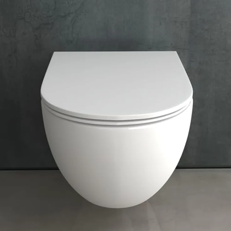 Alpenberger Tiefspül-WC Hänge WC - Wand WC Spülrandlos mit Toilettendeckel D Form, Abgang Waagerecht, WC Sitz mit Absenkautomatik - Made in EU - Passend zu Geberit, Keramik weiß, Nano-Beschichtung - Preisvergleich – Bild 3