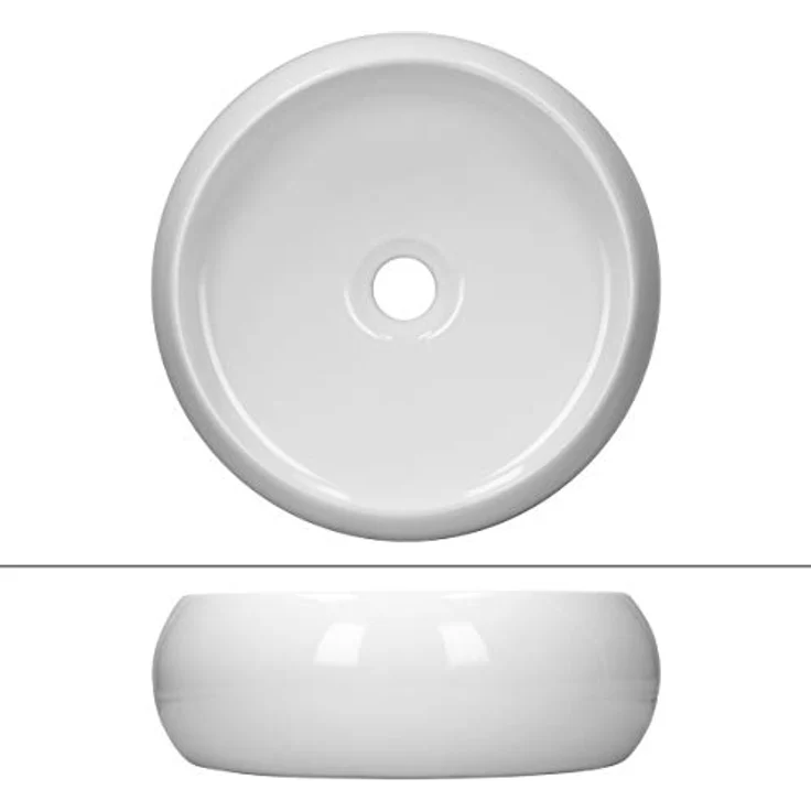ECD Germany Waschbecken Waschtisch Ø 400 x 350 mm Keramik Rund Weiß inkl. Ablaufgarnitur für Waschbecken ohne Überlauf Aufsatzbecken Aufsatzwaschbecken Aufsatzwaschtisch Waschschale Spülbecken Becken – Bild 2