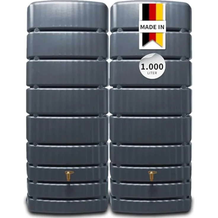 4rain Slim Wandtank-Set Regentonne 1000 Liter, platzsparendes Design in Graphite Grey, 2 x 500 Liter