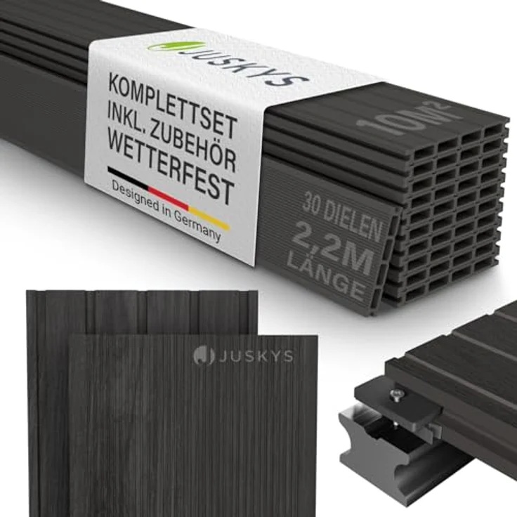 Juskys WPC-Terrassendielen, 10 m², grau, wetterfest, rutschfest, inkl. Unterkonstruktion und Montagematerial – Bild 1