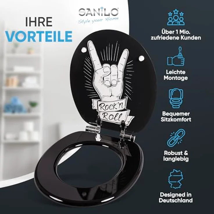 Sanilo WC Sitz Rock n Roll, Toilettendeckel aus Holz mit Absenkautomatik, antibakterieller Oberfläche, 47cm x 37,7cm – Bild 3