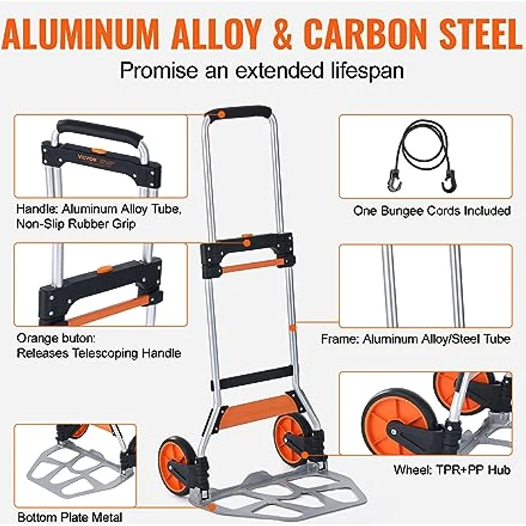 VEVOR Sackkarre Klappbar 125kg, Verstellbarer Griff, Aluminiumlegierung, Schwarz – Bild 6