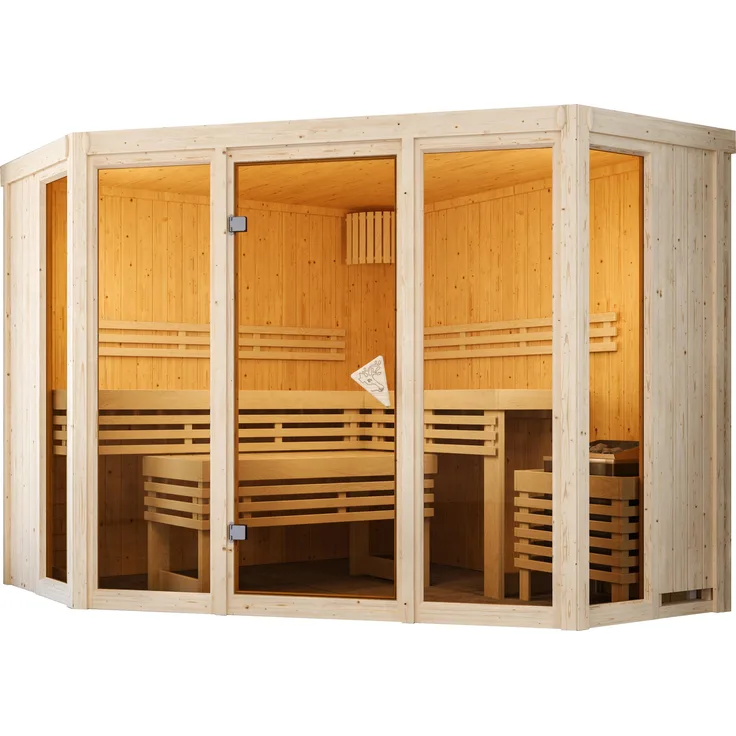 Karibu Innensauna Inara, inklusive Saunaofen 9kW mit integrierter Steuerung, 231x231 cm, 3 Liegen aus hellem Espe, bronzierte Ganzglastür