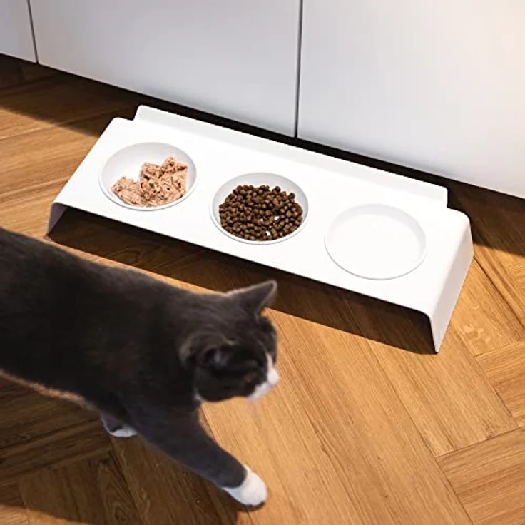 LucyBalu® Erhöhte 3er-Futterstation Katze | Ergonomischer Katzennapf erhöht | Erhöhter Futternapf für Katzen | Ergonomischer Fressnapf & Wassernapf für Katzen | Katzen 3er Napfset erhöht | Weiß – Bild 2