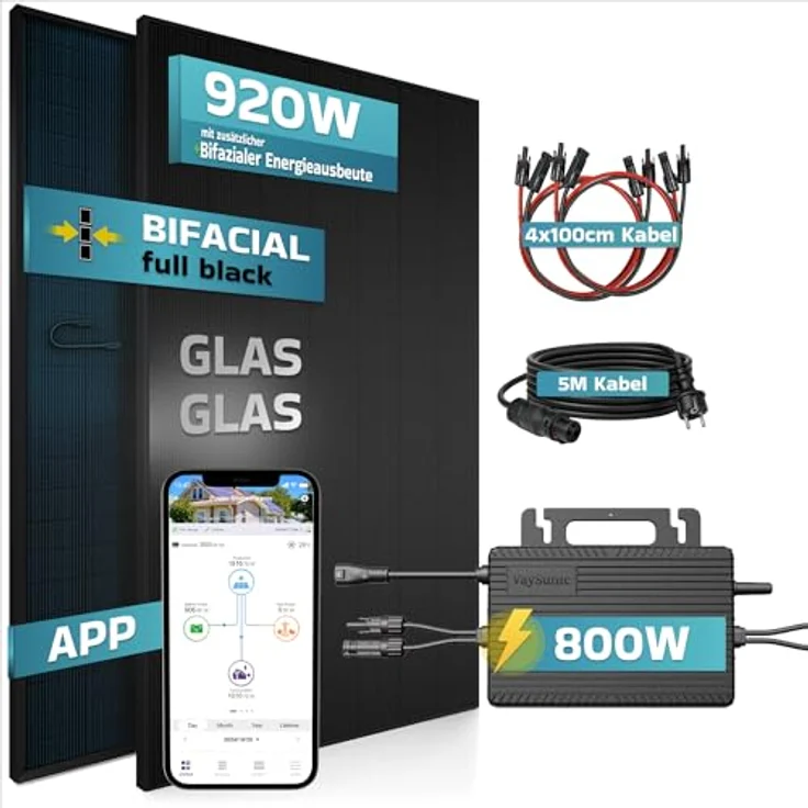 SUNNIVA® 920W Balkonkraftwerk BIFAZIAL FULLBLACK, Komplettset mit 2x460W Glas-Glas Modulen und 800W Wechselrichter, genehmigungsfrei, effizient und stabil, steckerfertig – Bild 2