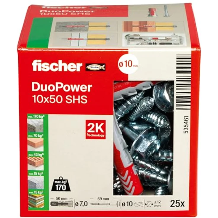 fischer DUOPOWER 10 x 50 S, Universaldübel mit Sicherheitsschraube, 2-Komponenten-Dübel für Beton, Ziegel, Stein und Gipskarton, 25 Dübel + 25 Schrauben – Bild 3