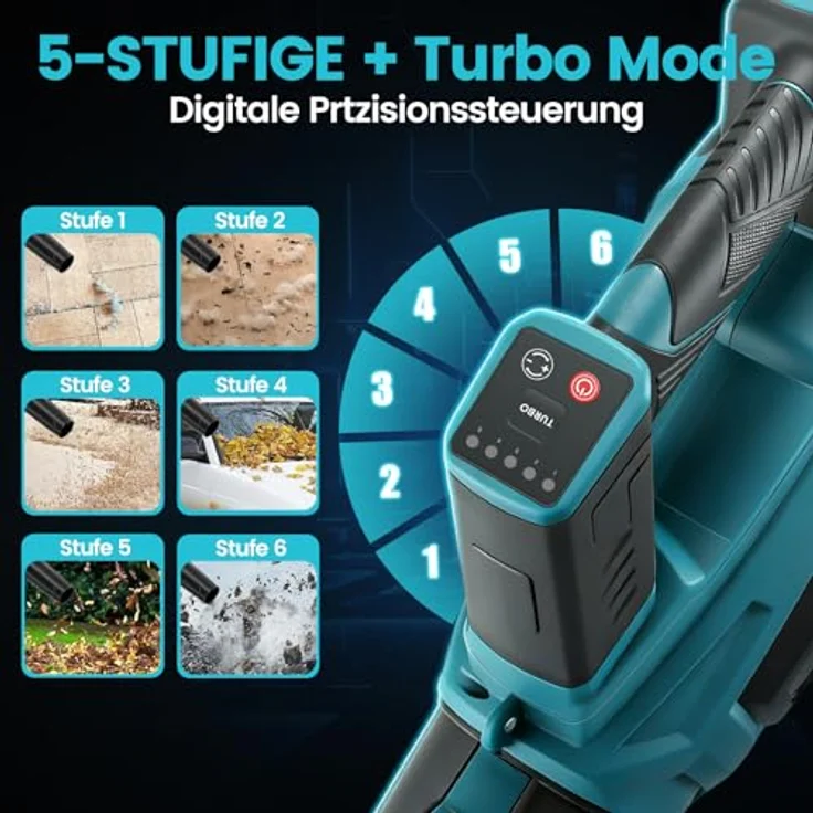 Bundviel Hochleistungs Akku-Laubbläser 21V, Bürstenloser Motor mit 5 Geschwindigkeitsstufen + Turbo, max. 90 m/s, 1500 g Blaskraft, 2 × 4Ah Akku, kabellos, leicht und mobil – Bild 4