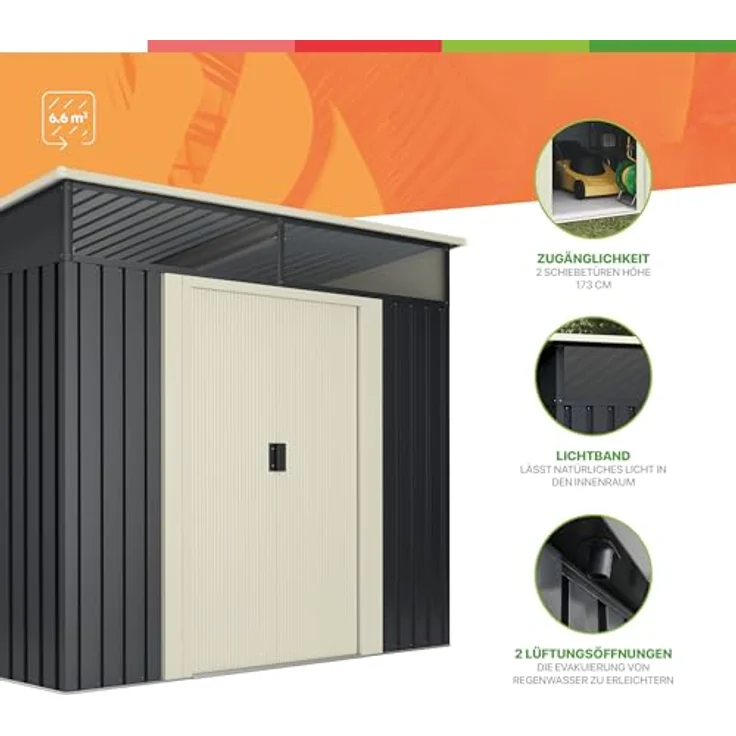 Okoru Global S.L.U. Wasabi Metall Gerätehaus 6,6 m² in Anthrazitgrau und Sandbeige, Doppelschiebetür, Flachdach mit Fenster, korrosionsbeständig – Bild 3