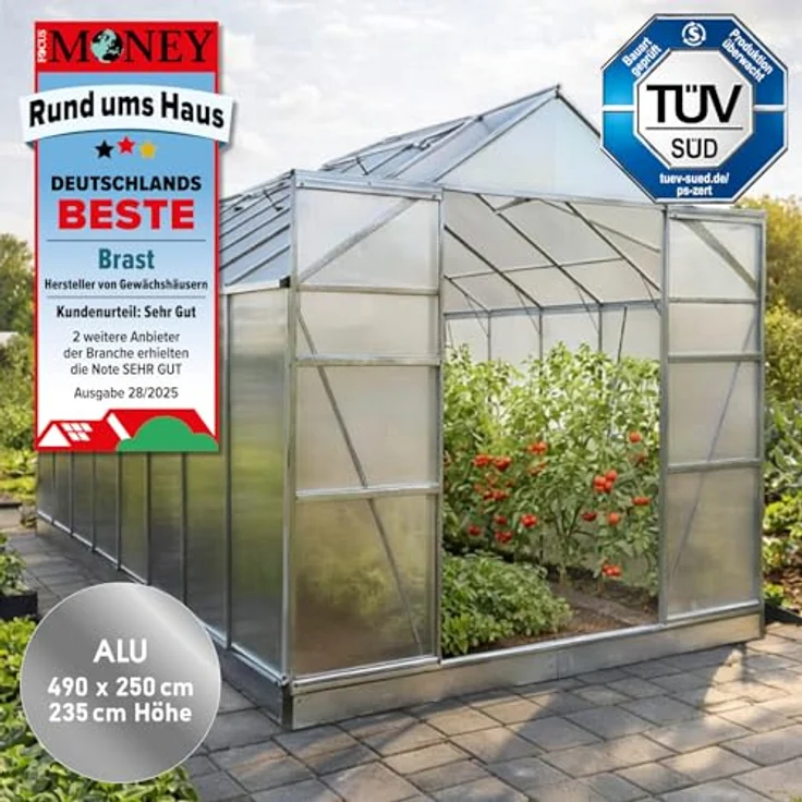 BRAST Gewächshaus Aluminium mit Fundament, 490x250x235cm, TÜV geprüft, rostfrei, wetterfest, temperaturbeständig, 6mm Hohlkammerplatten, Silber – Bild 2