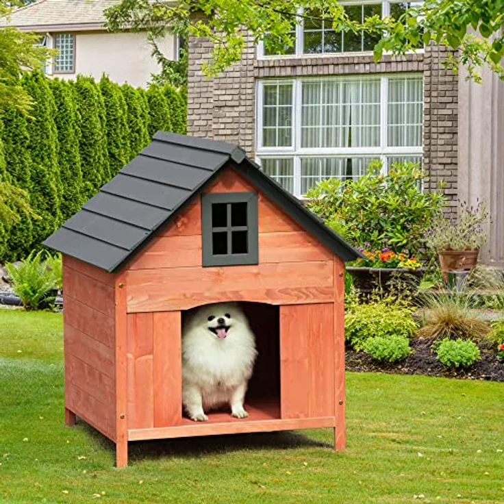 Pawhut Hundehütte Outdoor Hundehaus Hundehöhle aus Holz Winterfest für mittelgroße Hunde Natur 81,3 x 91,5 x 98,5 cm – Bild 2