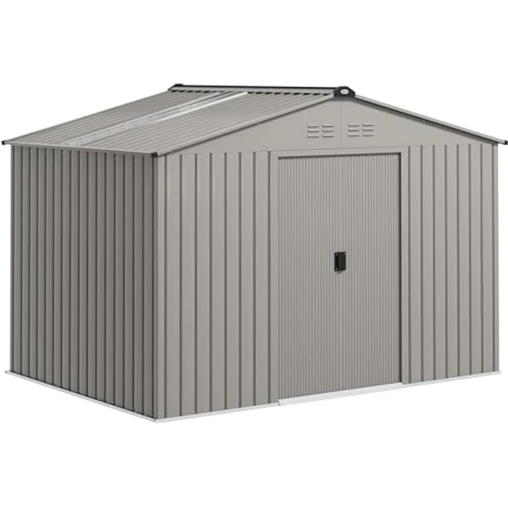 Outsunny Metall Gerätehaus 4,9 m², Gartenhaus mit Satteldach, 2 Schiebetüren, wetterfest, grau, 277 x 195 x 192 cm – Bild 1