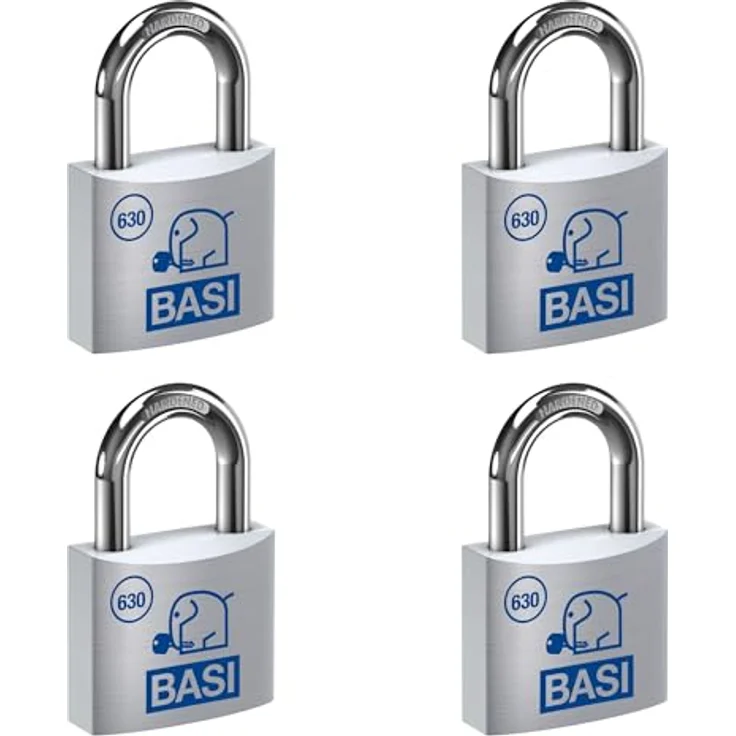 BASI Vorhängeschloss Vorhangschloss Spar-Set 4-tlg Aluminium, 8 Schlüssel, 4er Set 20 mm Breite, verschiedenschließend – Bild 1