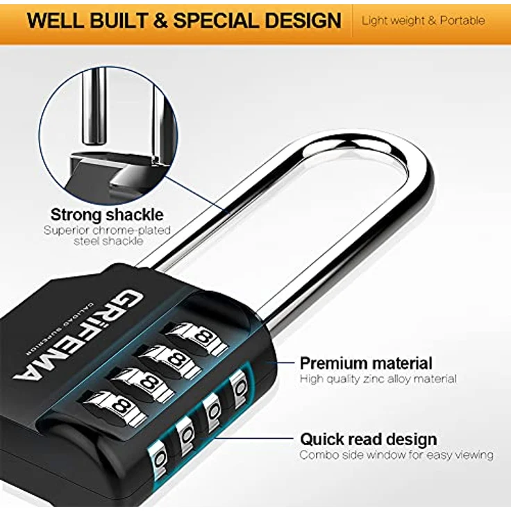 GRIFEMA 2 Pack Zahlenschloss 4 Stellig mit Langer Bügel - Vorhängeschloss Wetterfest Frostsicher, Schloss mit Zahlencode Zinklegierung Robust, Sicher, Schlösser für Spind, Garage, Tor, Schule, Koffer – Bild 3