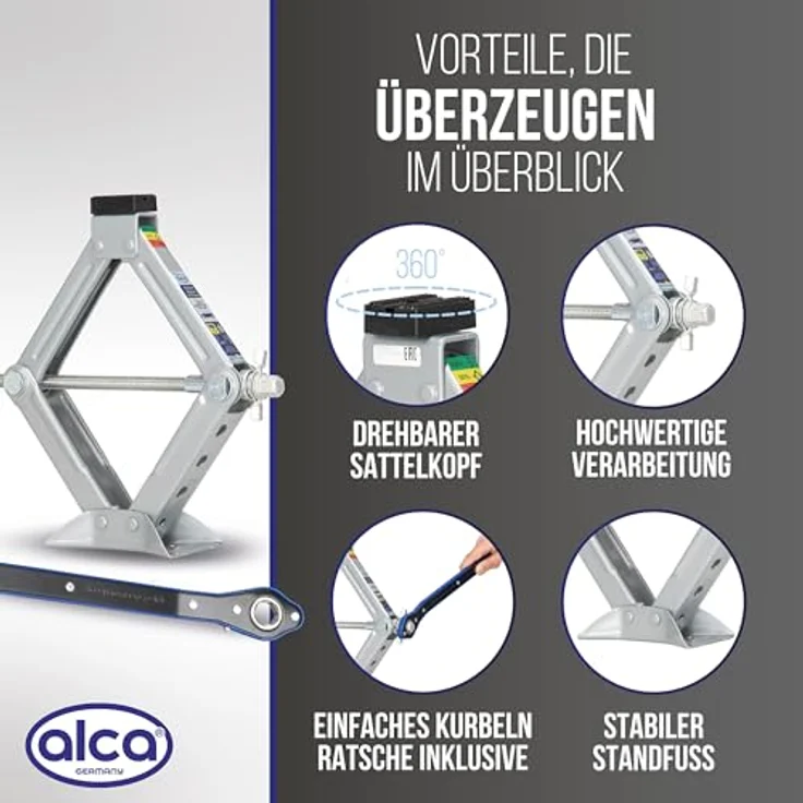 alca Wagenheber Scherenwagenheber mit Ratsche 1,5t Hubhöhe 104-380mm für Auto/SUV/MP, leicht und robust, drehbarer Sattel, extrem leicht bedienbar, blau – Bild 6