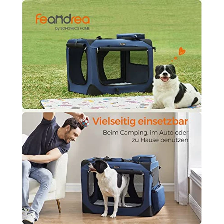 Feandrea Hundebox faltbar, Transportbox Hund, Größe XL, Hundetasche, Oxford-Gewebe, Netzstoff, atmungsaktiv, tragbar, transportabel, Metallrahmen, mit Griffen, Taschen, 81 x 58 x 58 cm, dunkelblau – Bild 2