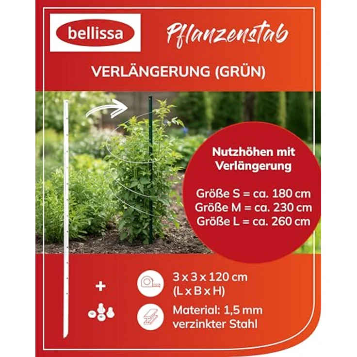 bellissa Verlängerung Pflanzenstab Timo, verzinkter Stahl, grün, 120 cm, max. Nutzhöhe 260 cm, wetterfest und stabil – Bild 2