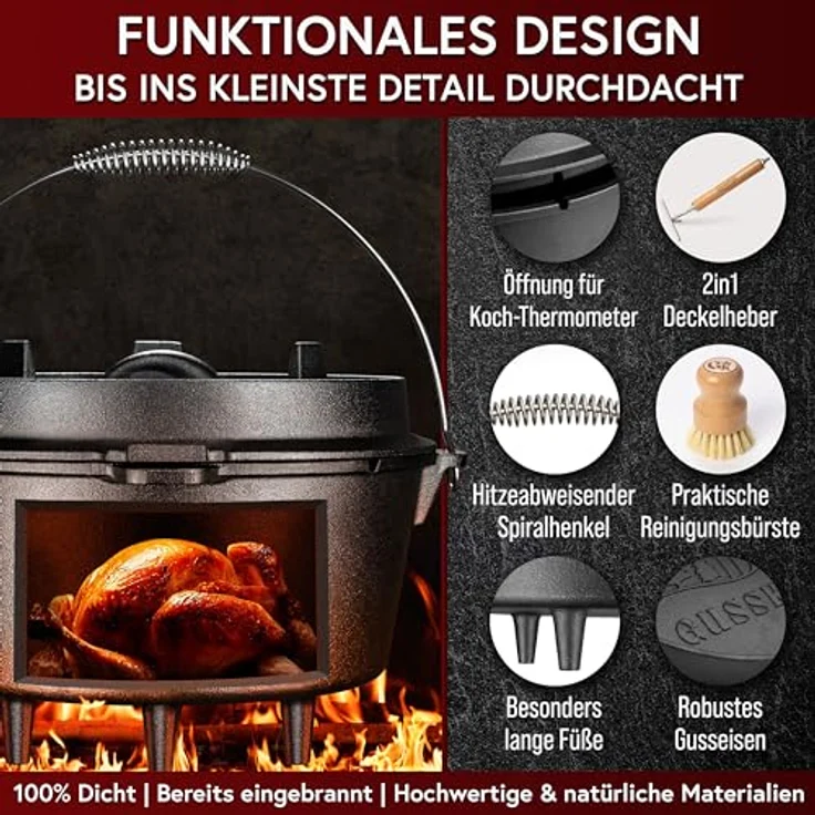GUSSKÖNIG Dutch Oven Set, Eingebrannter Gusseisen Feuertopf 4,5L für 2-4 Personen mit Füßen, 2-in-1 Deckelheber, Bürste & Rezeptbuch, 30 Jahre Garantie – Bild 5