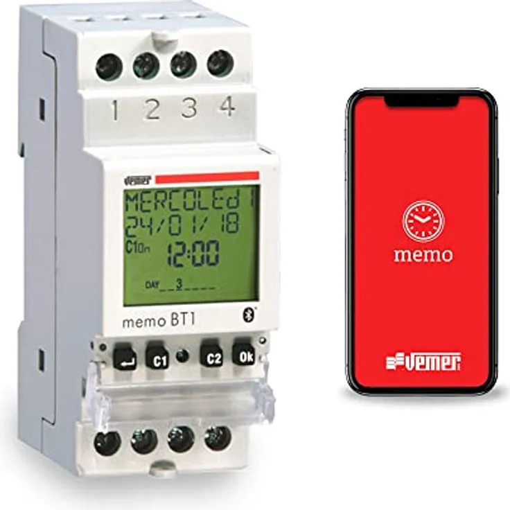 VEMER VE767600 MEMO BT1 - Zeitschaltuhr Digital mit Zeit oder Astro Programmierung, Bluetooth und App zur Schnittstelle mit Smartphones und Tablets, Montage auf Din-Schiene, 1-Kanal, Hellgrau
