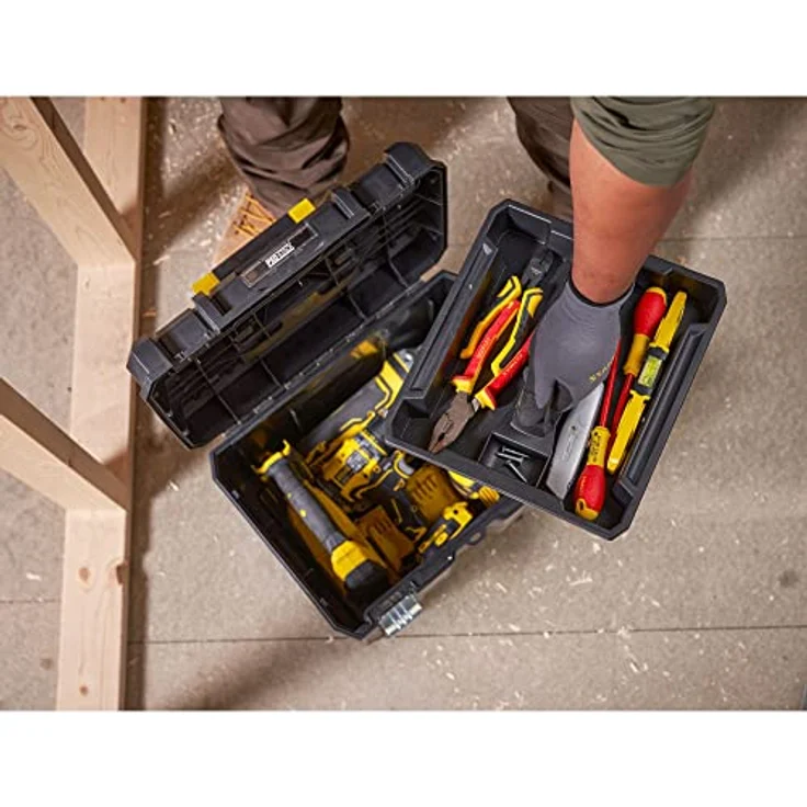 Stanley FMST1-71971 FatMax Pro-Stack tiefe Werkzeugbox (23L Fassungsvermögen, mit Metallschließen und herausnehmbarer Trage, zum Verstauen großer Maschinen, stapelbar – Bild 3