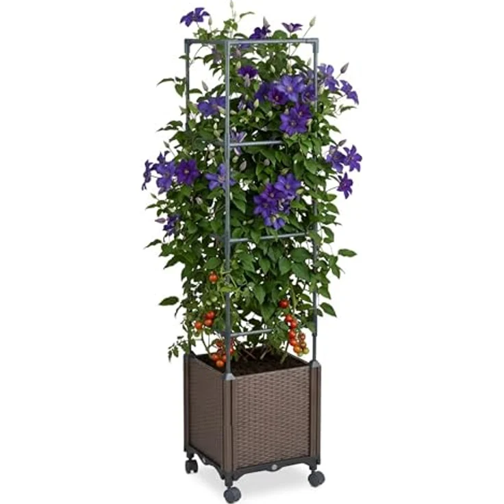 Relaxdays Pflanzkübel mit Rankgitter, 135x30x30 cm, anthrazit, Kunststoff und Stahl, mit Rollen für Garten und Terrasse – Bild 1
