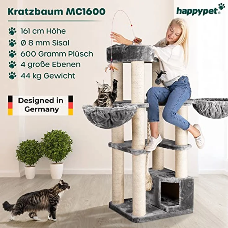 HAPPYPET Kratzbaum für große Katzen 'Oscar' - Premium Katzenbaum stabil 47 kg, 12 cm Dicke Stämme für schwere Katzen Maine Coon, 600g Plüsch, 2 Liegemulden und Höhle, E1 geprüftes Holz – Bild 2