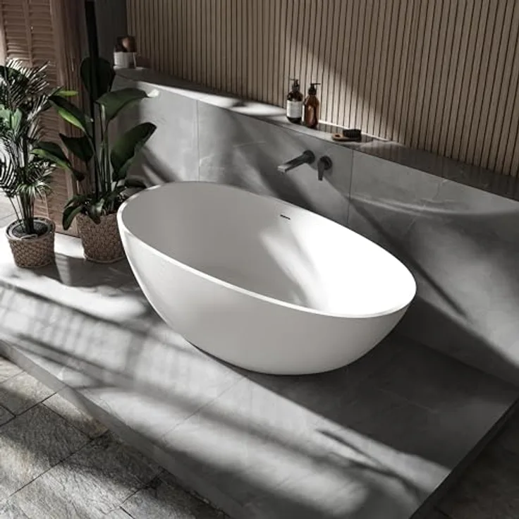Bernstein Badewanne VELA, freistehende Mineralguss-Badewanne in Weiß matt, 150x76x54 cm mit Pop-up-Verschluss und Überlauf