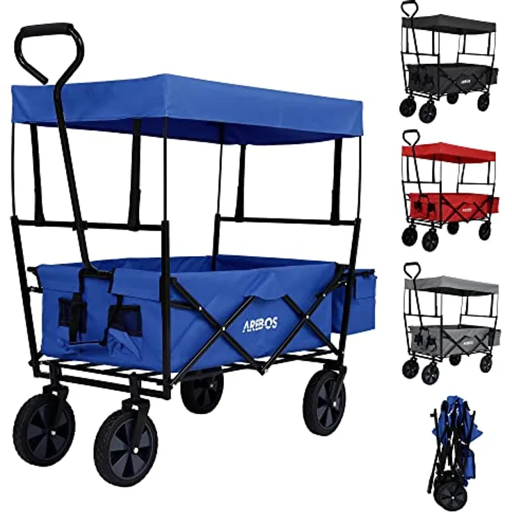 Arebos Bollerwagen faltbar mit Dach, Transportwagen bis 70 kg Tragkraft, inkl. 2 Netztaschen, 360° Vollgummireifen, Blau