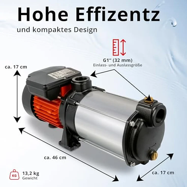Grafner Premium Kreiselpumpe, mehrstufig, 5400 l/h, 1000 Watt, Edelstahl, Druckpumpe mit 58m Förderhöhe und 8m Ansaughöhe – Bild 4