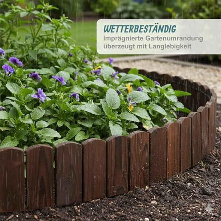Relaxdays Beeteinfassung, 200 cm flexibler Beetzaun aus Tannenholz, Sichthöhe 10 cm, Dunkelbraun, zum Stecken mit Erdspießen – Bild 2