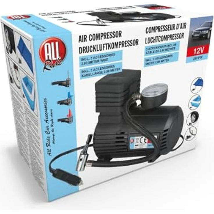 All Ride Tragbarer Kompressor, Luftkompressor 15Bar mit Zigarettenanzünder-Anschluss, inkl. 45 cm Luftschlauch, Leistung 144W, schwarz – Bild 2