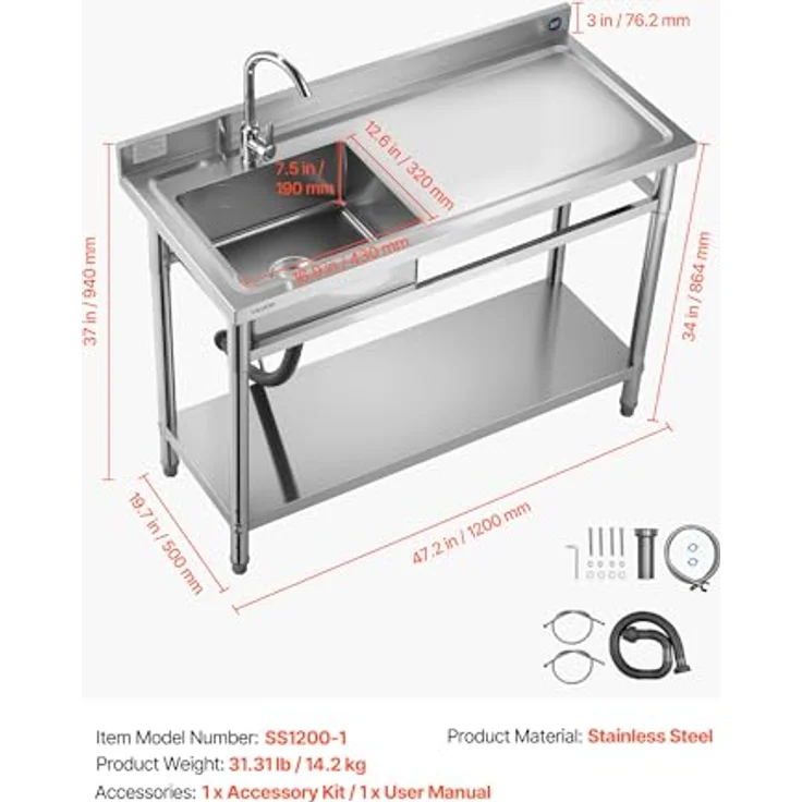 VEVOR Edelstahl Spültisch mit Wasserhahn & Ablage, 120 x 50 x 94 cm, Multifunktionsspüle für Garage, Restaurant und Garten – Bild 7