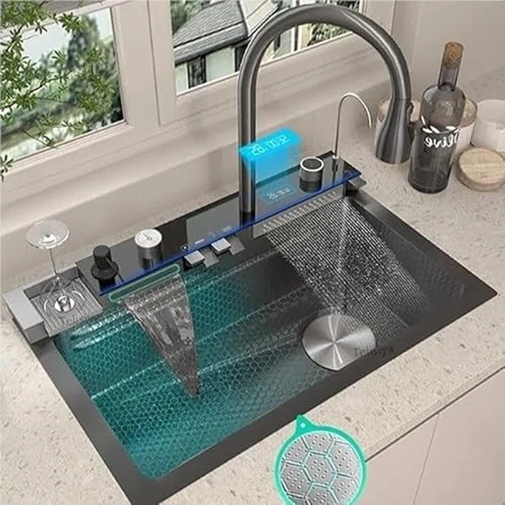 Faizee Home Edelstahlspüle Schwarz 75x46 cm, Wasserfall Küchenspüle mit 4-fach Multifunktionsarmatur und Siphon Set – Bild 1