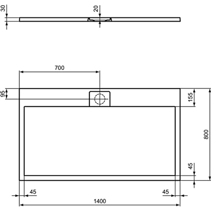 Ideal Standard Ultra Flat S i.life Rechteck-Brausewanne, 1400x800x30mm, Mineralguss in Carraraweiss, rutschhemmend, bodenebener Einbau – Bild 2