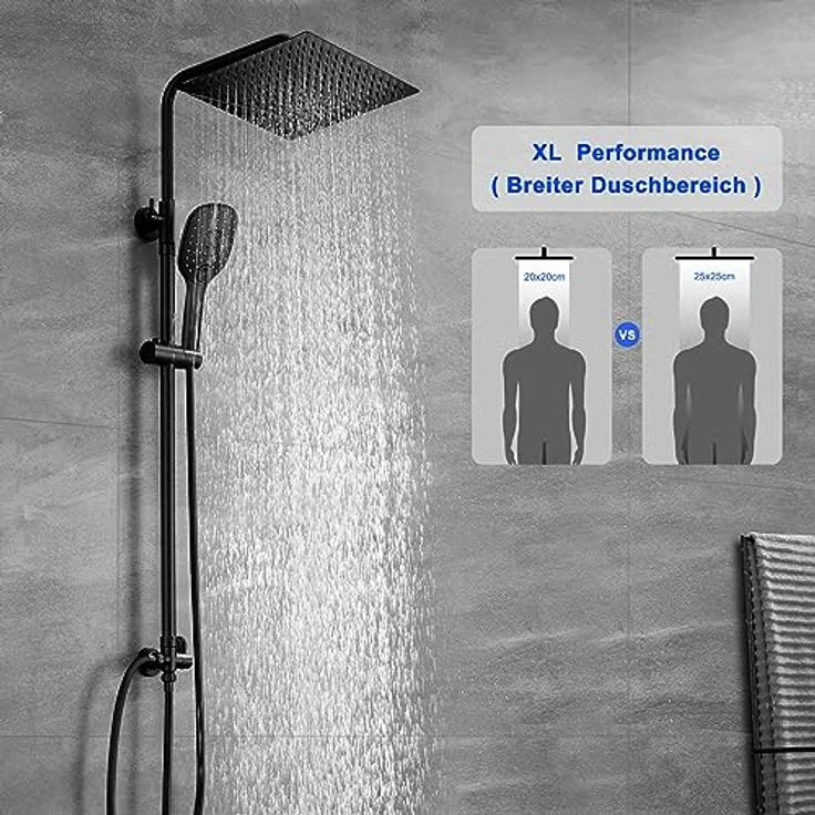 Görbach Regendusche Duschsystem ohne Armatur, Eckig 25x25 cm, XL-Regenduschkopf und 3 Strahlarten, Schwarz – Bild 2