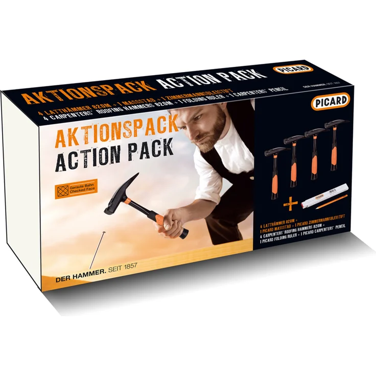 Picard Hammer PICARD Aktionspack 4 x Latthammer 820M geraut + 1x Zollstock und 1 x, Hämmer mit 4 Latthämmern und Zubehör, grau