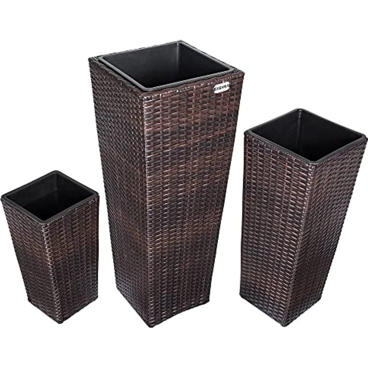 Casaria® Blumentopf 3er Set Polyrattangeflecht Übertopf Wasserabfluss Rattanoptik Outdoor Pflanzkübel Blumenkasten Braun – Bild 4