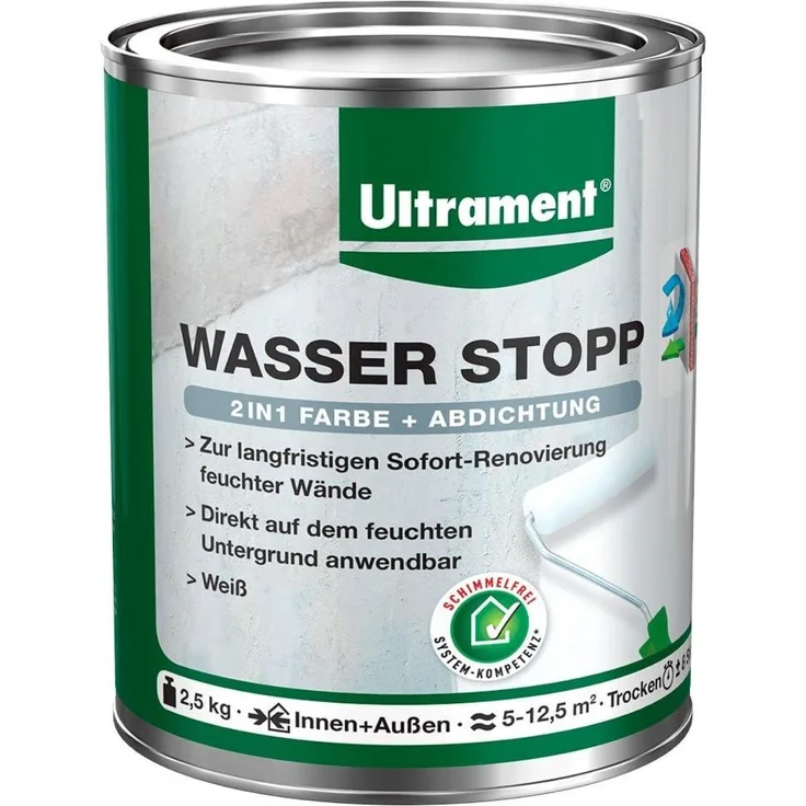 Ultrament Fugenmörtel ULTRAMENT Wasser Stopp, 2in1 Abdichtungslösung und Farbe, weiß, 2,5 Kg