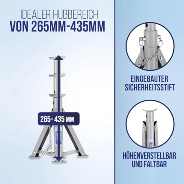 alca® Unterstellbock 3t klappbar I Auto Stützbock Set (2 Stück), faltbar, 3-fach höhenverstellbar mit Sicherheitsstift, silber-grau, Höhe 290–405 mm, Gewicht 2,0kg je Bock – Bild 3