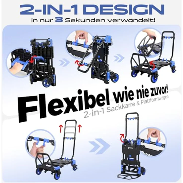 Sekey Sackkarre Alu 2-in-1, Klappbar bis 150 kg Tragkraft, Plattformwagen mit Bremse, ergonomischem Griff, schwarz/blau – Bild 2
