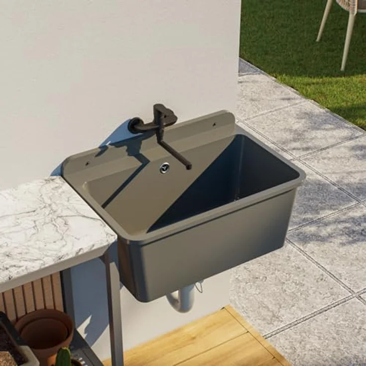 QLS Küchenspüle LARGE, Kunststoff-Spülbecken, 61x41 cm Ausgussbecken für Garten Garage Werkstatt, Polypropylen in Weiß – Bild 2