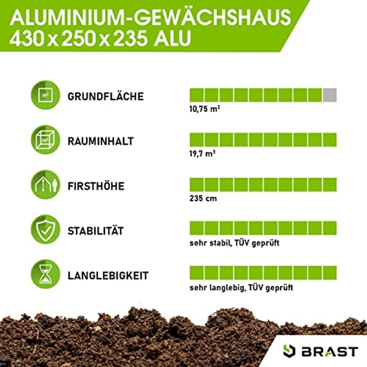 BRAST Gewächshaus Aluminium mit Fundament, 430x250x235cm, TÜV geprüft, rostfrei, wetterfest, temperaturbeständig, silber, 6mm Hohlkammerplatten – Bild 5