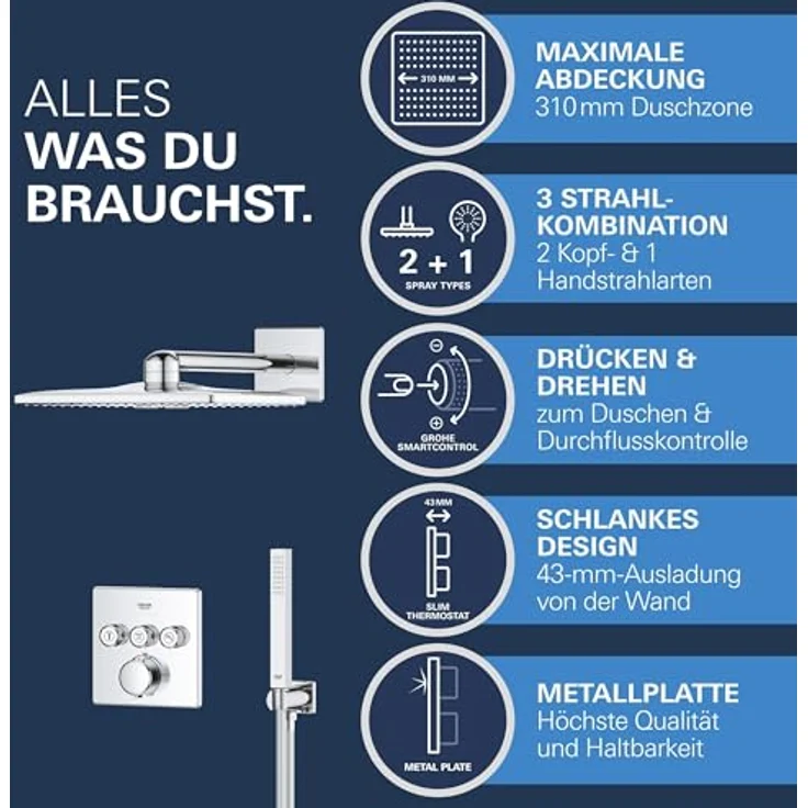 Grohe Precision Smartcontrol Duschsystem, Unterputz Thermostat mit 3 Absperrventilen, Quickfix, chrom – Bild 4