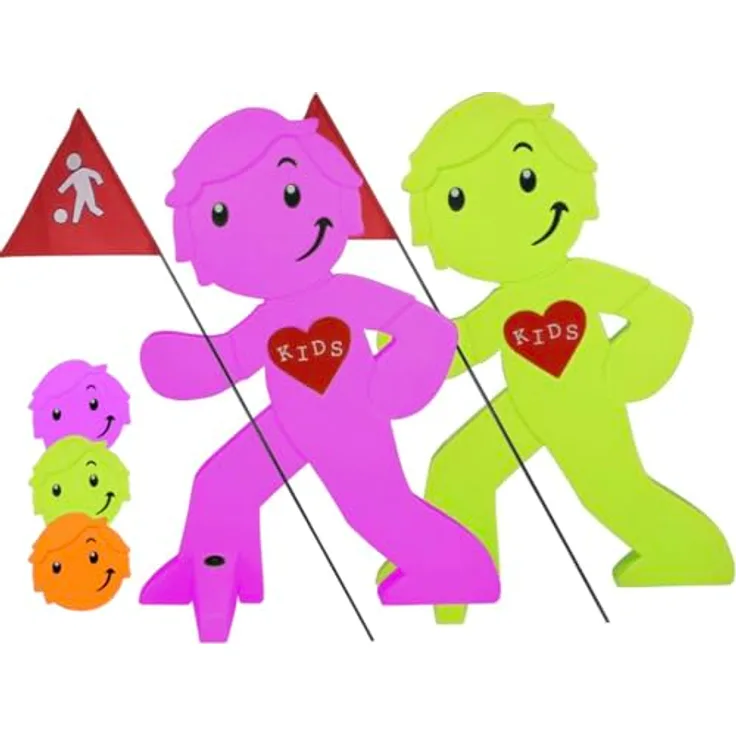 StreetBuddy Warnfigur mit Fahne, reflektierender Warnaufsteller für Kindersicherheit - Achtung langsam Fahren - Vorsicht spielende Kinder - Schild Autofahrer Warnung (1x Grün / 1x Magenta)