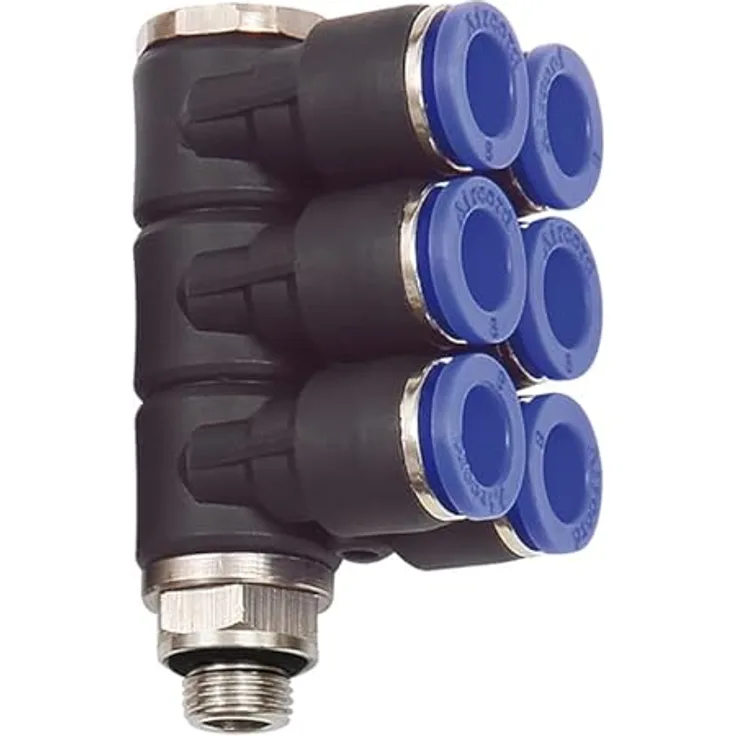 RIEGLER L-Mehrfachverteiler »Blaue Serie«, 6-fach drehbar, G 1/8, für Schl.-Außen-Ø 8 mm, max. 15 bar