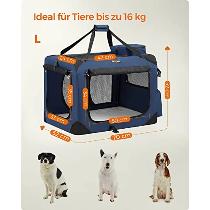 Feandrea Hundebox faltbar, Transportbox Hund, Größe L, Hundetasche, Oxford-Gewebe, Netzstoff, atmungsaktiv, tragbar, transportabel, Metallrahmen, mit Griffen, Taschen, 70 x 52 x 52 cm, dunkelblau – Bild 5