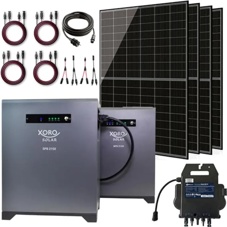XORO SOLAR Balkonkraftwerk-Set 1720 Wp, 4032 Wh LiFePO4 Speicher, 4 bifaziale Solarmodule, 800 W Wechselrichter, modulare Erweiterbarkeit
