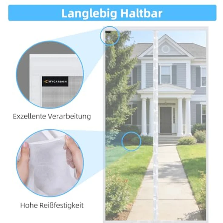 MYCARBON VERBREITERT Fliegengitter Tür, Insektenschutz für Balkontür 100x200cm, lichtdurchlässig, reißfest, einfache Montage mit 3.8cm Klettband, weiß – Bild 2