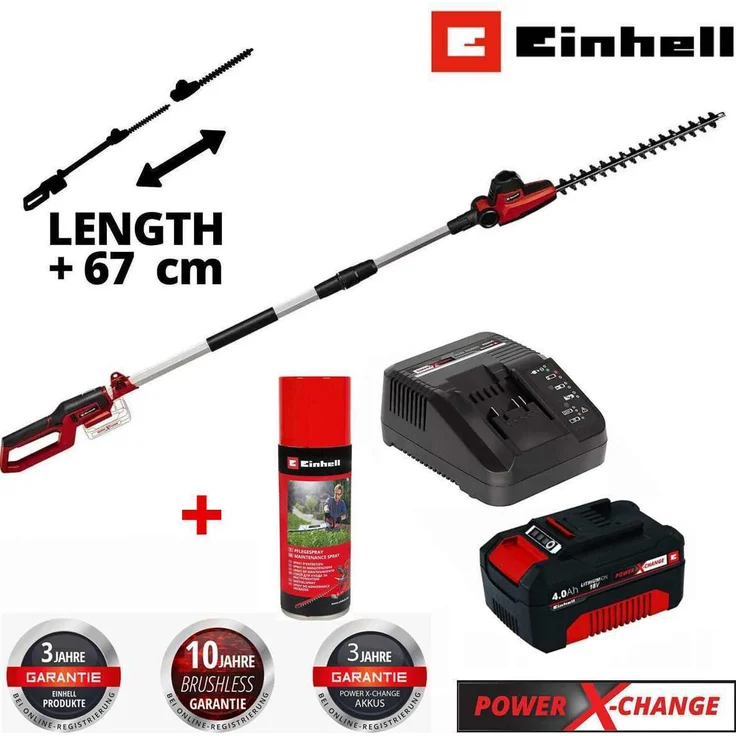 Einhell Akku-Teleskop-Heckenschere GC-HH 18/45 Li T-Solo, 410 mm Schnittlänge, 4.0 Ah Akku, neigbarer Motorkopf, Teleskopfunktion bis 67 cm