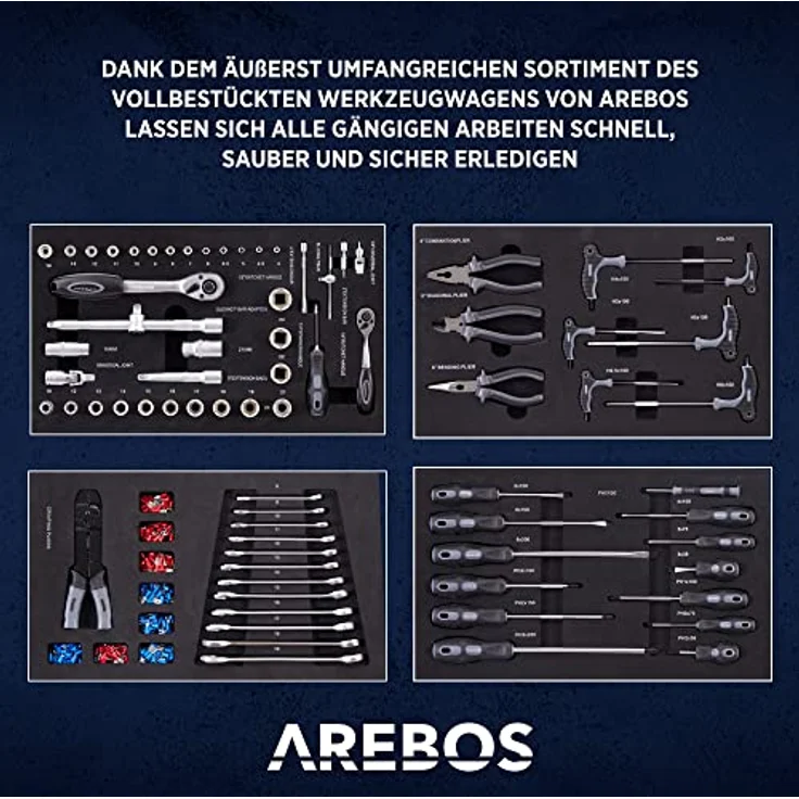 Arebos Werkstattwagen Rollwagen Werkzeugkiste Toolbox, mit Werkzeug, 81-tlg. Werkzeugset, (Komplett-Set) - Robuster Stahl, 4 Schubladen inkl. Werkzeuge, Antirutschmatten, kugelgelagerte Schubladen – Bild 5